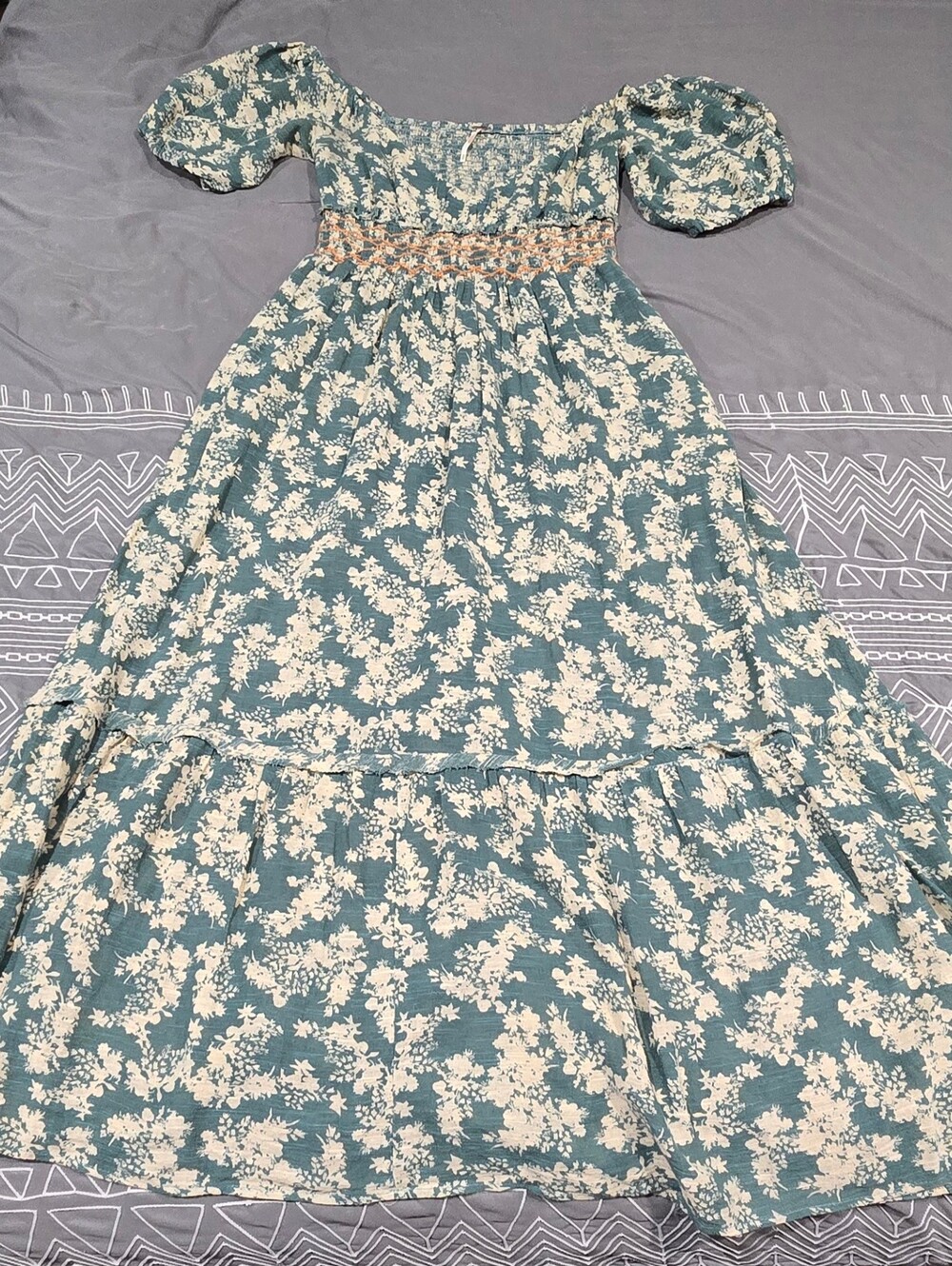 Free People Teal and Cream Floral Midi Dress